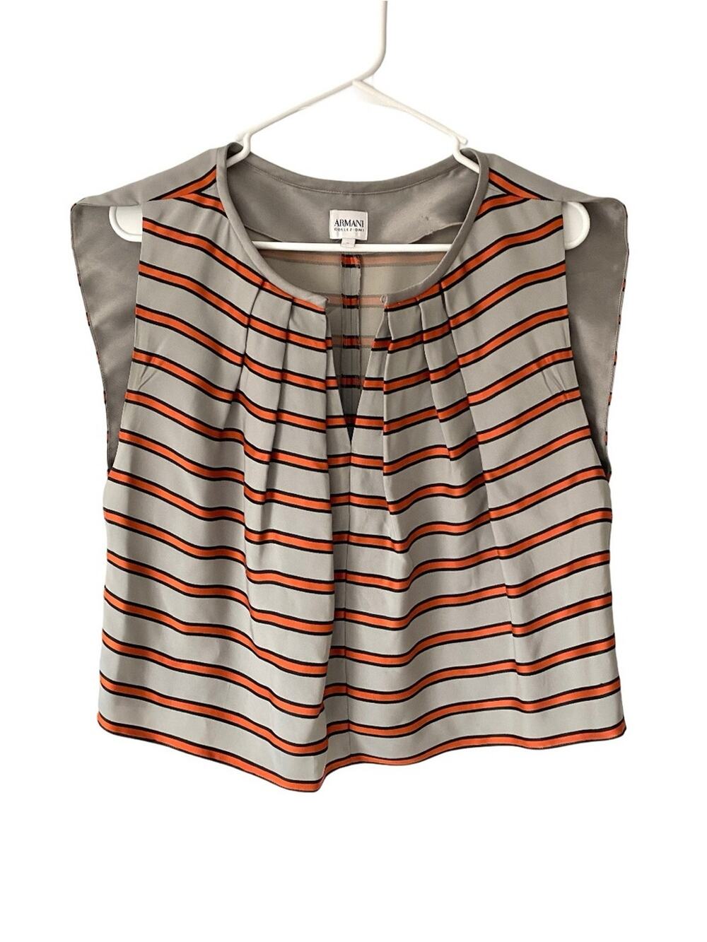 ARMANI Collezioni Gray & Orange Striped Sleeveless Blouse size 6 Career Pleated